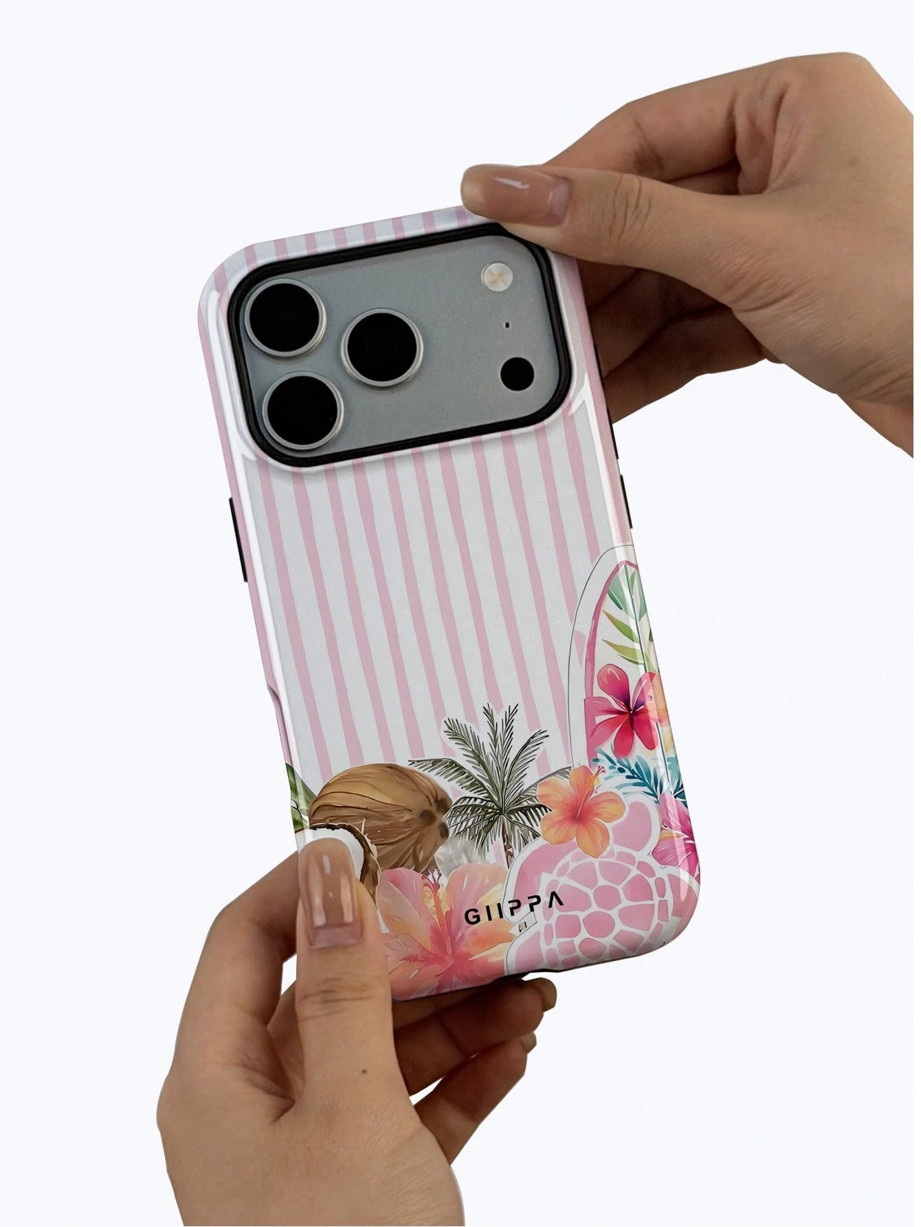 GIIPPA 1pc White Base With Light Pink Hand-Painted Striped Pattern Design, Phone 17 Pro Max Phone Case, Compatible With Phone 16 Pro Max, 15 Pro Max, 14 Pro Max, Korean-Style High-End Fashion Fun Phon