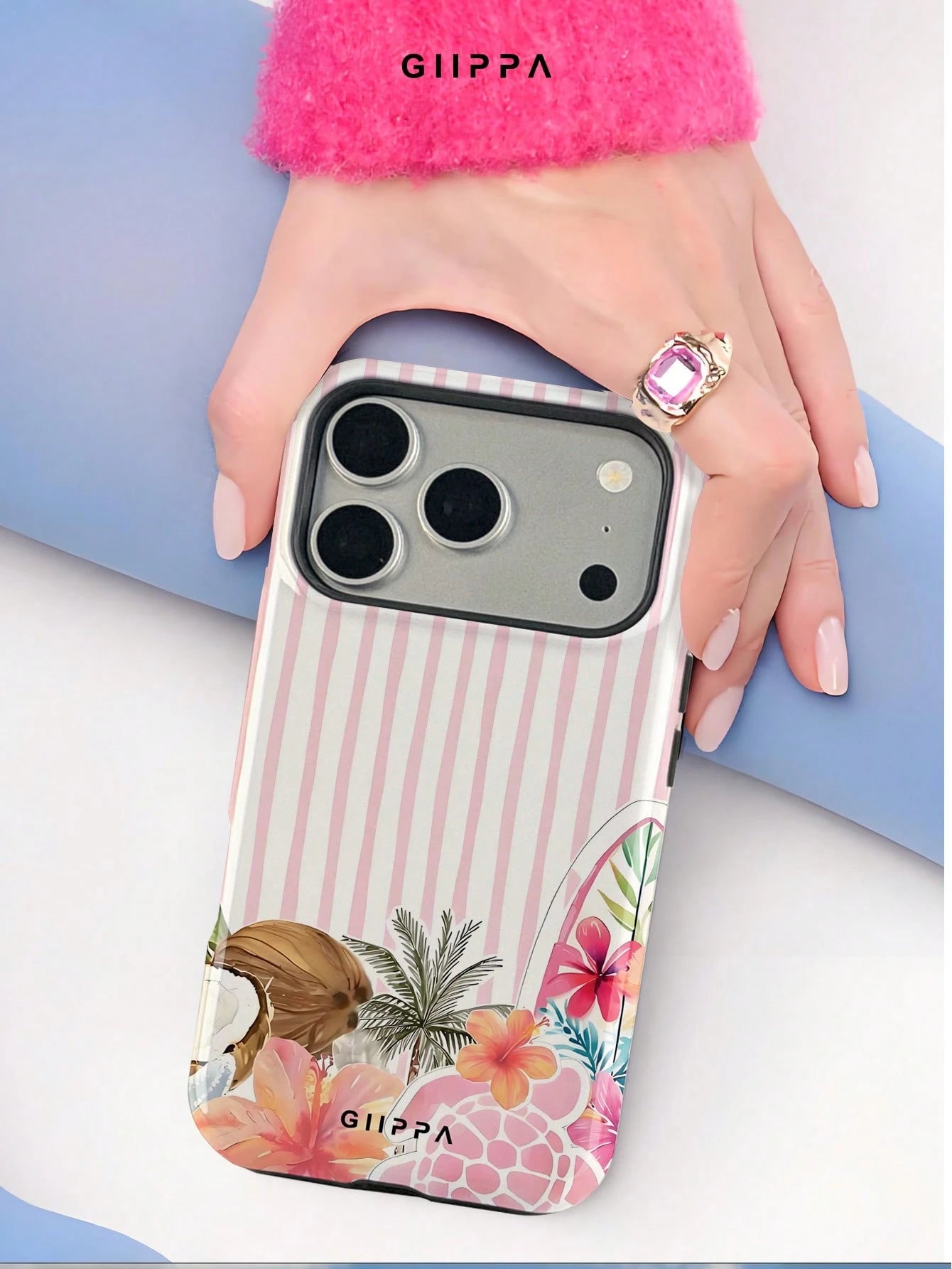 GIIPPA 1pc White Base With Light Pink Hand-Painted Striped Pattern Design, Phone 17 Pro Max Phone Case, Compatible With Phone 16 Pro Max, 15 Pro Max, 14 Pro Max, Korean-Style High-End Fashion Fun Phon