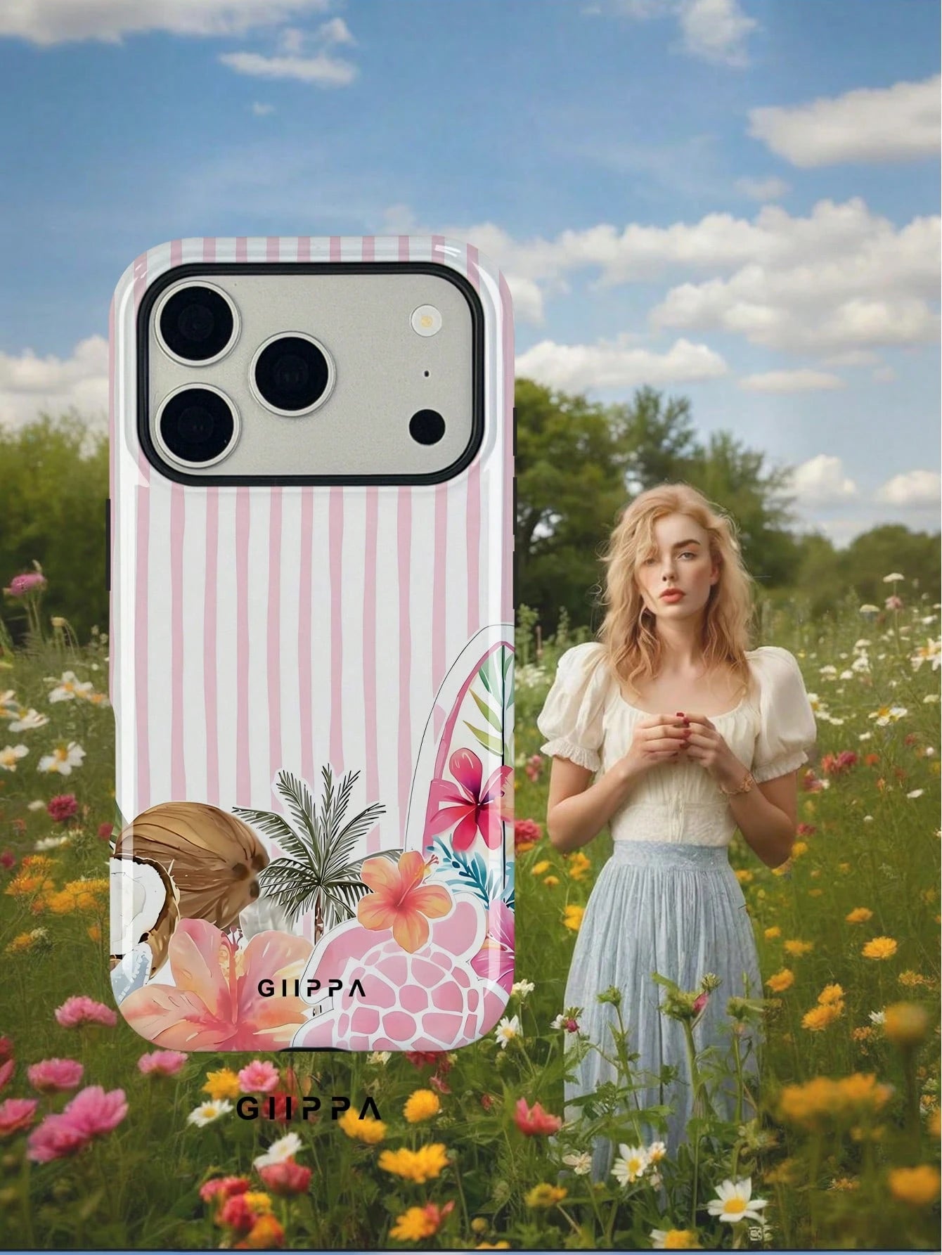 GIIPPA 1pc White Base With Light Pink Hand-Painted Striped Pattern Design, Phone 17 Pro Max Phone Case, Compatible With Phone 16 Pro Max, 15 Pro Max, 14 Pro Max, Korean-Style High-End Fashion Fun Phon