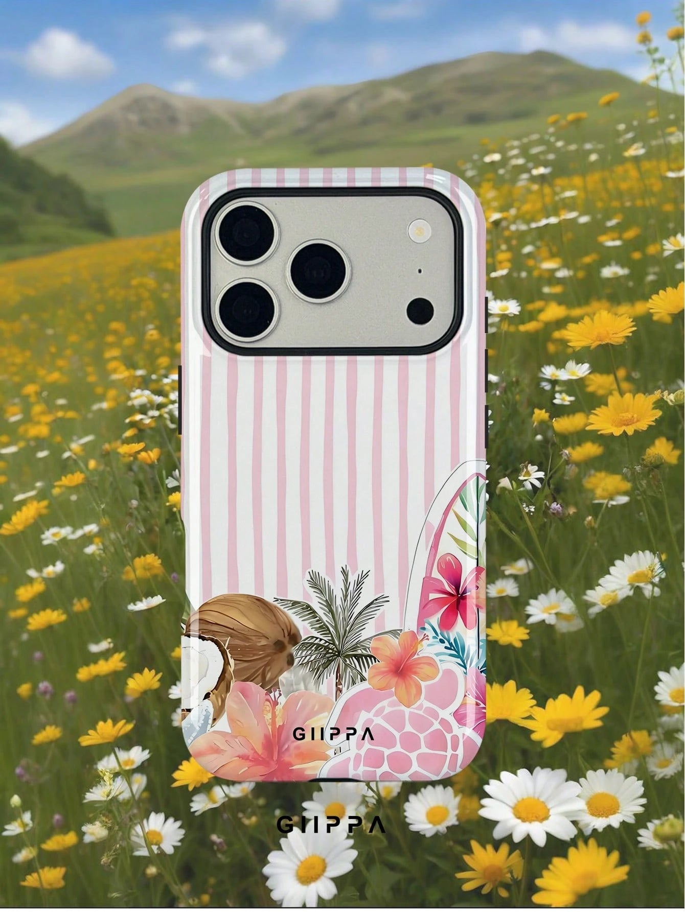 GIIPPA 1pc White Base With Light Pink Hand-Painted Striped Pattern Design, Phone 17 Pro Max Phone Case, Compatible With Phone 16 Pro Max, 15 Pro Max, 14 Pro Max, Korean-Style High-End Fashion Fun Phon