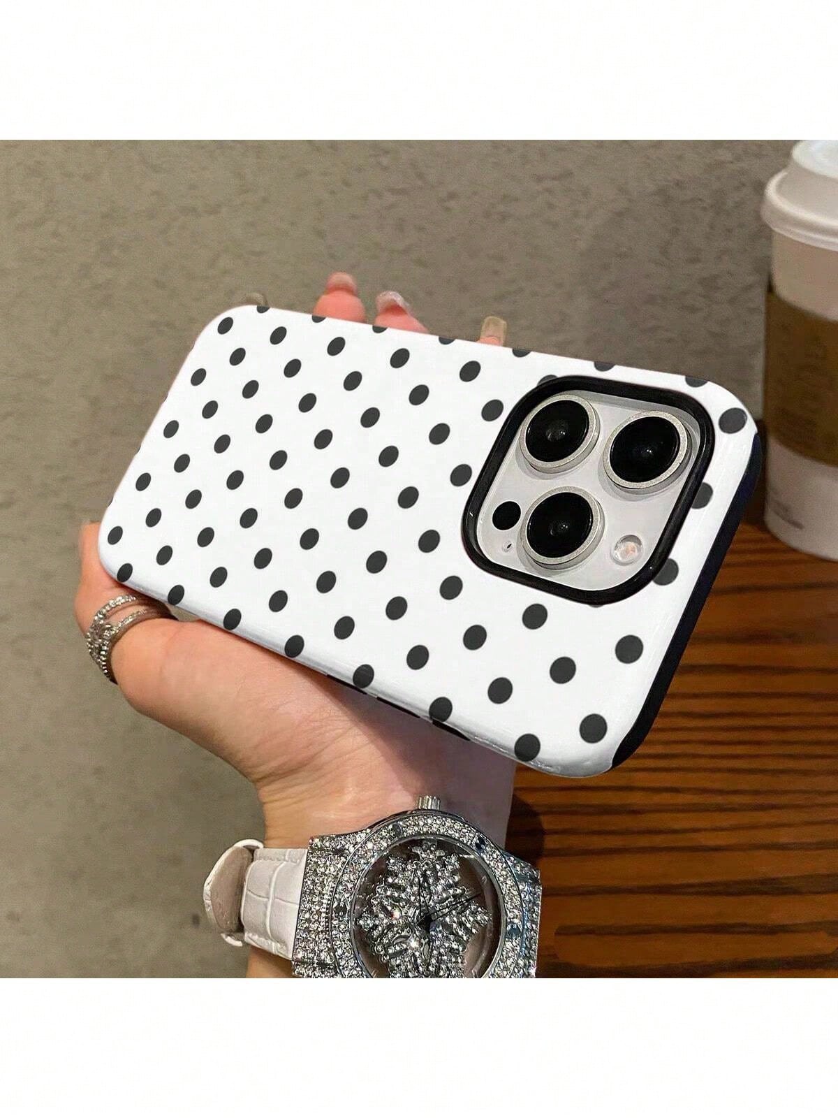 GIIPPA Minimalist Black Polka Dot Phone Case For Phone 17, 16 Pro Max, 15 Pro, 13, 11, 12, XS, 8 Plus, 7- Glossy 2-In-1 Phone Case- Add Shine To Your New Phone