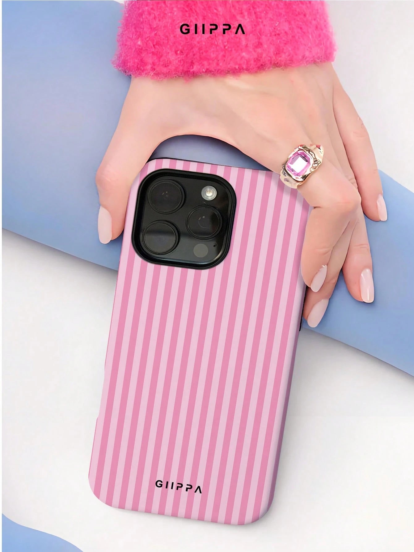 GIIPPA Pink & Light Pink Striped Phone Case Compatible With 17/16/15/14/13/12/11 Pro Max, Shockproof Protective Soft Silicone Phone Cover For Women Girls, Fashion Striped Design Anti-Fall Scratch Resi