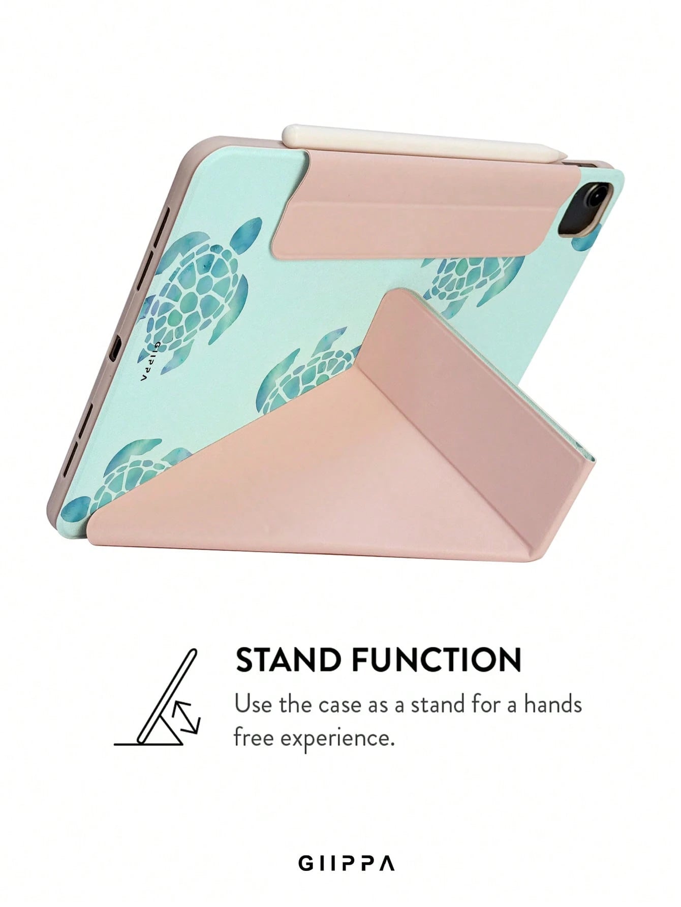 GIIPPA Turtle Pattern Y-Fold Magnetic Tablet Protective Case, PU Leather Shell With Hard Acrylic Anti-Bend Backplate, Pink Velvet Lining Anti-Scratch, Hidden Pen Slot Shockproof Protective Case, Suppo