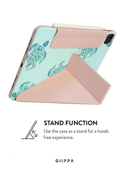 GIIPPA Turtle Pattern Y-Fold Magnetic Tablet Protective Case, PU Leather Shell With Hard Acrylic Anti-Bend Backplate, Pink Velvet Lining Anti-Scratch, Hidden Pen Slot Shockproof Protective Case, Suppo