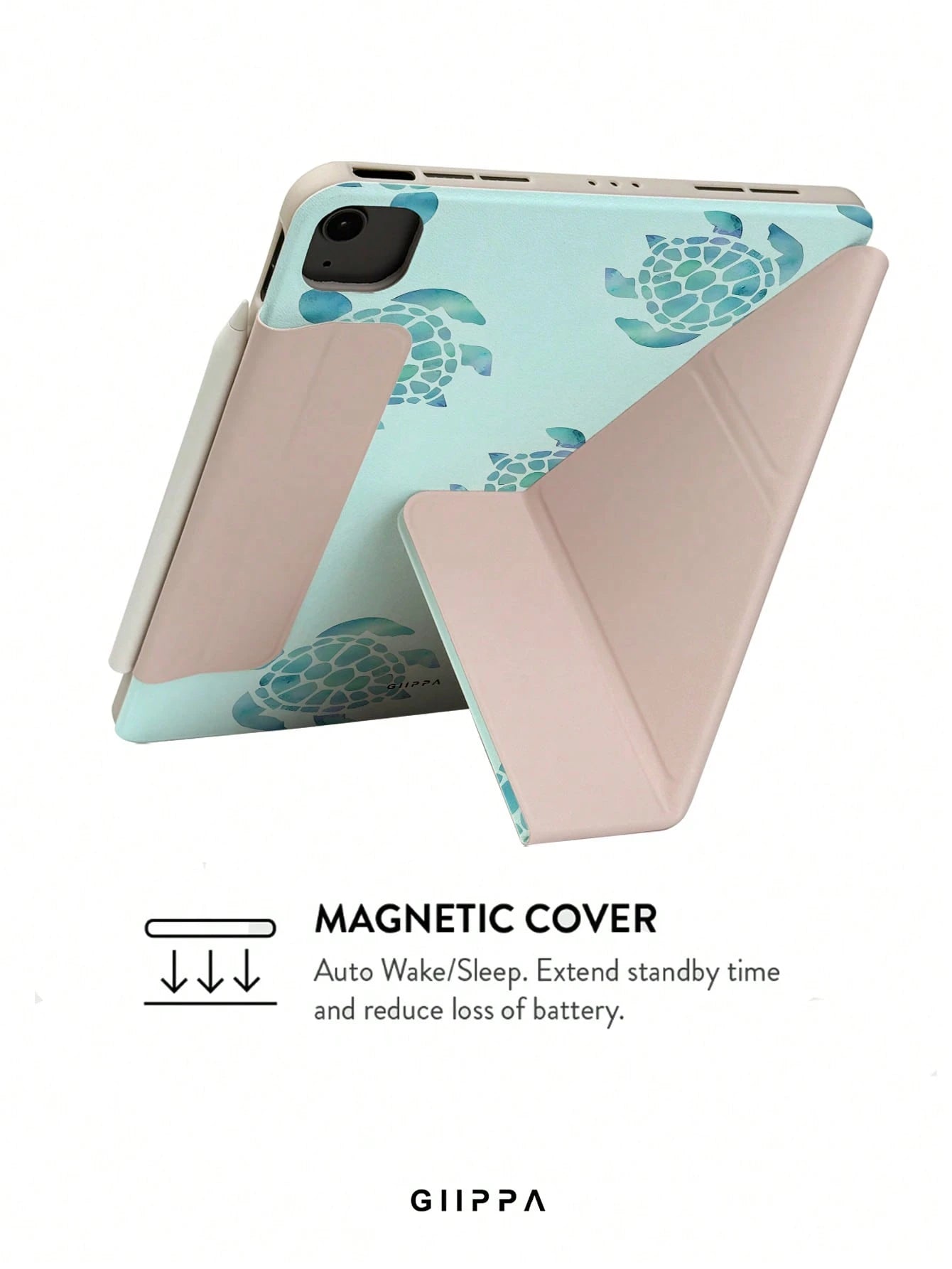 GIIPPA Turtle Pattern Y-Fold Magnetic Tablet Protective Case, PU Leather Shell With Hard Acrylic Anti-Bend Backplate, Pink Velvet Lining Anti-Scratch, Hidden Pen Slot Shockproof Protective Case, Suppo