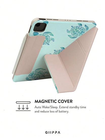 GIIPPA Turtle Pattern Y-Fold Magnetic Tablet Protective Case, PU Leather Shell With Hard Acrylic Anti-Bend Backplate, Pink Velvet Lining Anti-Scratch, Hidden Pen Slot Shockproof Protective Case, Suppo