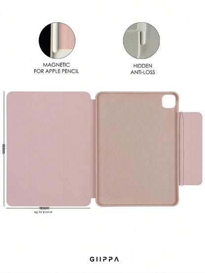 GIIPPA Turtle Pattern Y-Fold Magnetic Tablet Protective Case, PU Leather Shell With Hard Acrylic Anti-Bend Backplate, Pink Velvet Lining Anti-Scratch, Hidden Pen Slot Shockproof Protective Case, Suppo