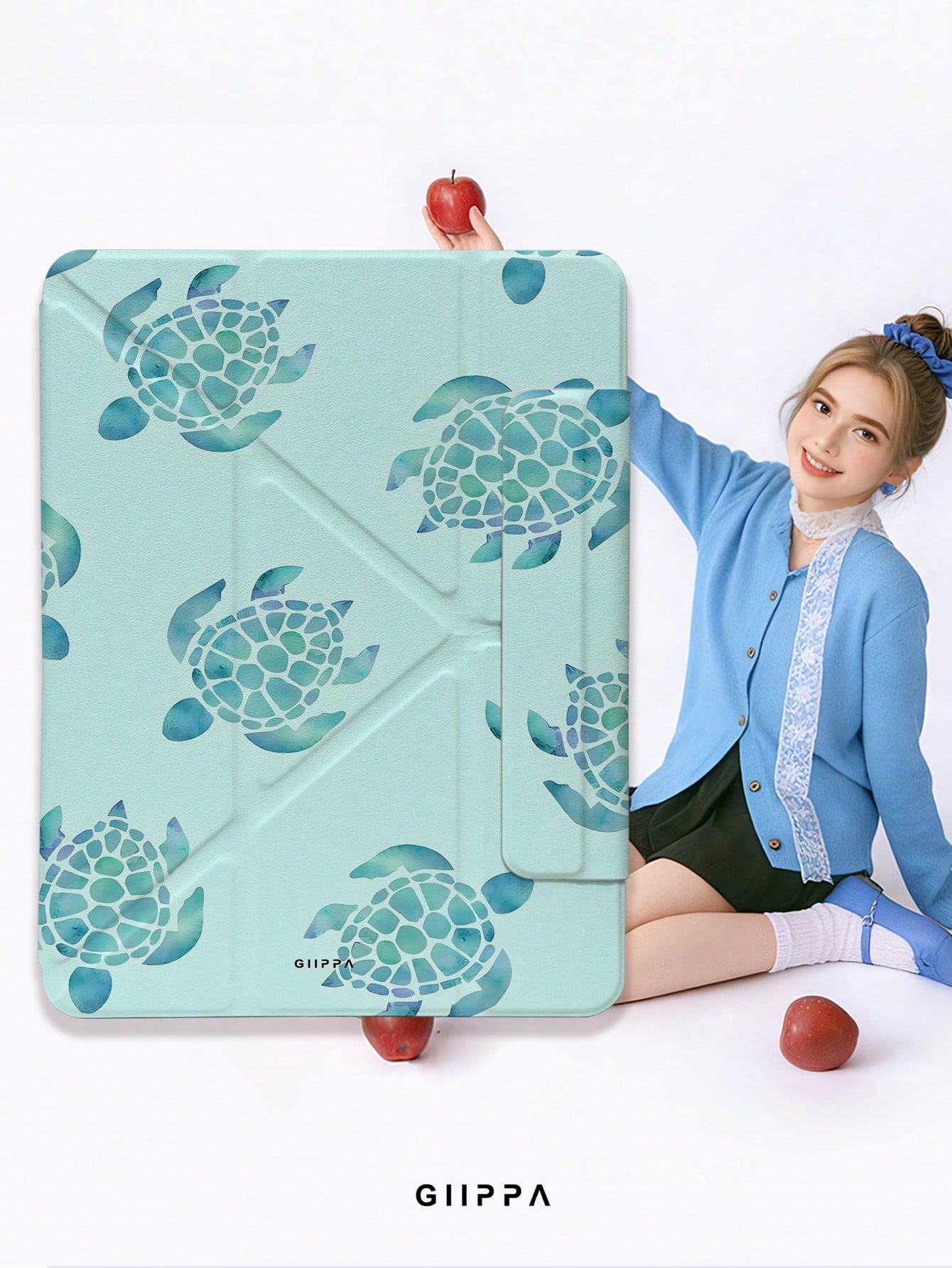 GIIPPA Turtle Pattern Y-Fold Magnetic Tablet Protective Case, PU Leather Shell With Hard Acrylic Anti-Bend Backplate, Pink Velvet Lining Anti-Scratch, Hidden Pen Slot Shockproof Protective Case, Suppo