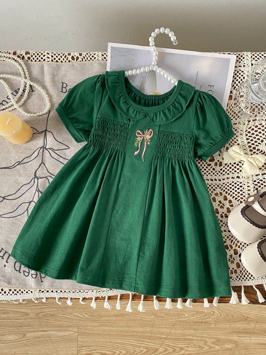 Girls' Dark Green Peter Pan Collar Dress, Pink Bow Embroidery, Summer Baby Princess Dress