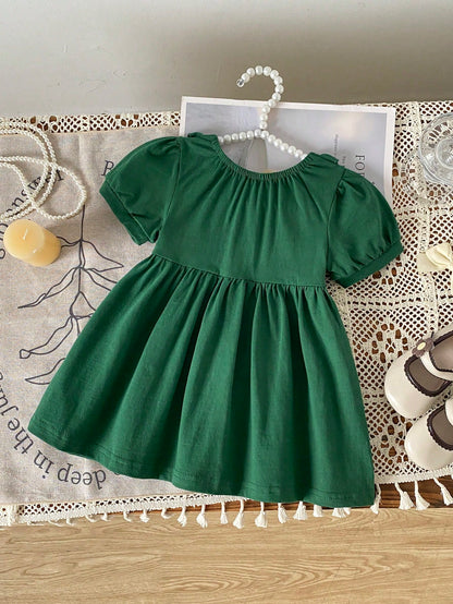 Girls' Dark Green Peter Pan Collar Dress, Pink Bow Embroidery, Summer Baby Princess Dress