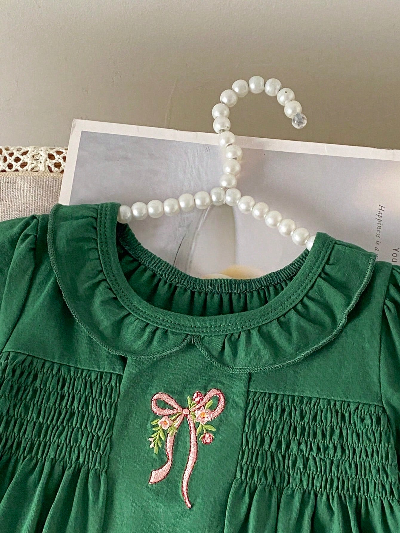 Girls' Dark Green Peter Pan Collar Dress, Pink Bow Embroidery, Summer Baby Princess Dress