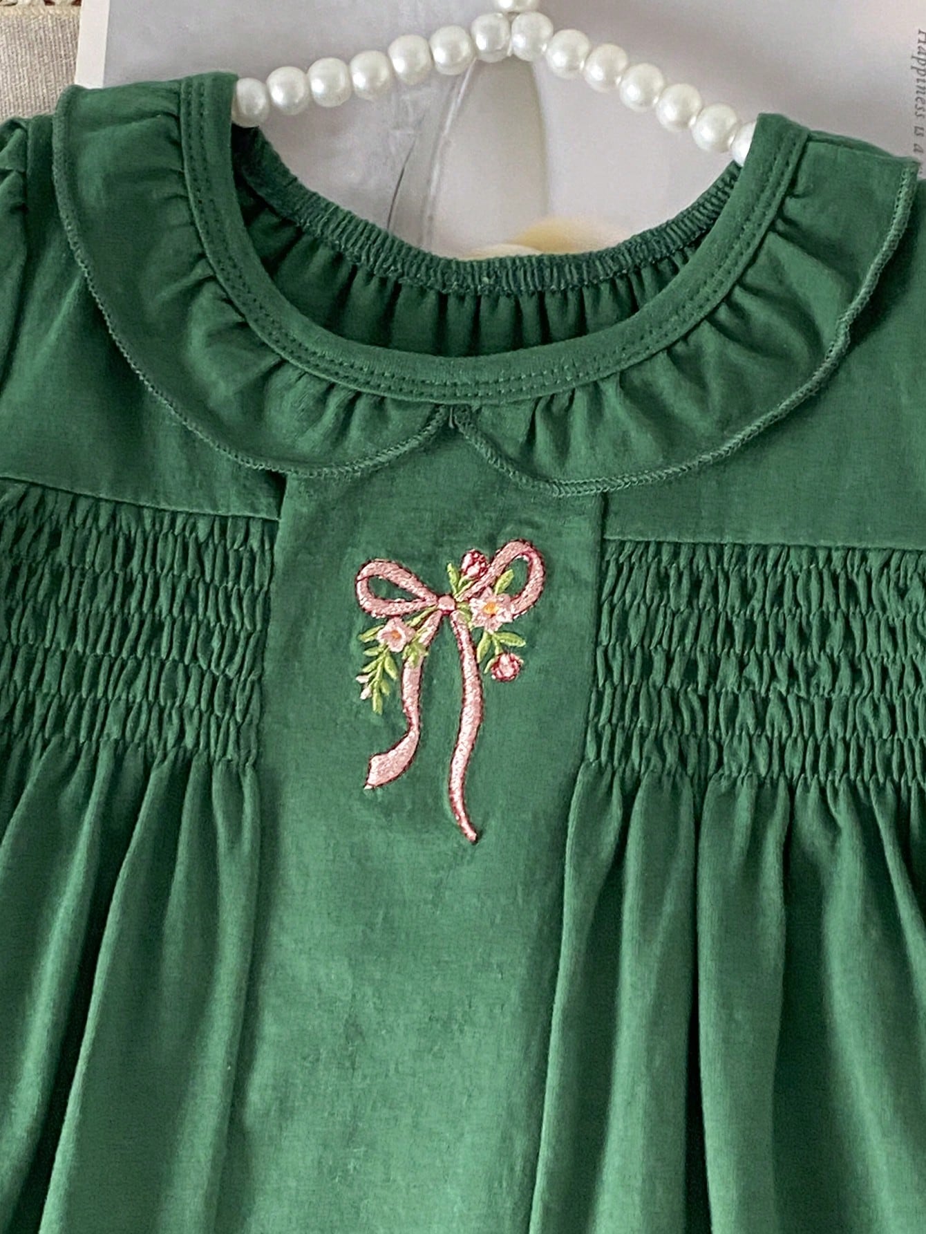Girls' Dark Green Peter Pan Collar Dress, Pink Bow Embroidery, Summer Baby Princess Dress