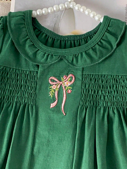 Girls' Dark Green Peter Pan Collar Dress, Pink Bow Embroidery, Summer Baby Princess Dress