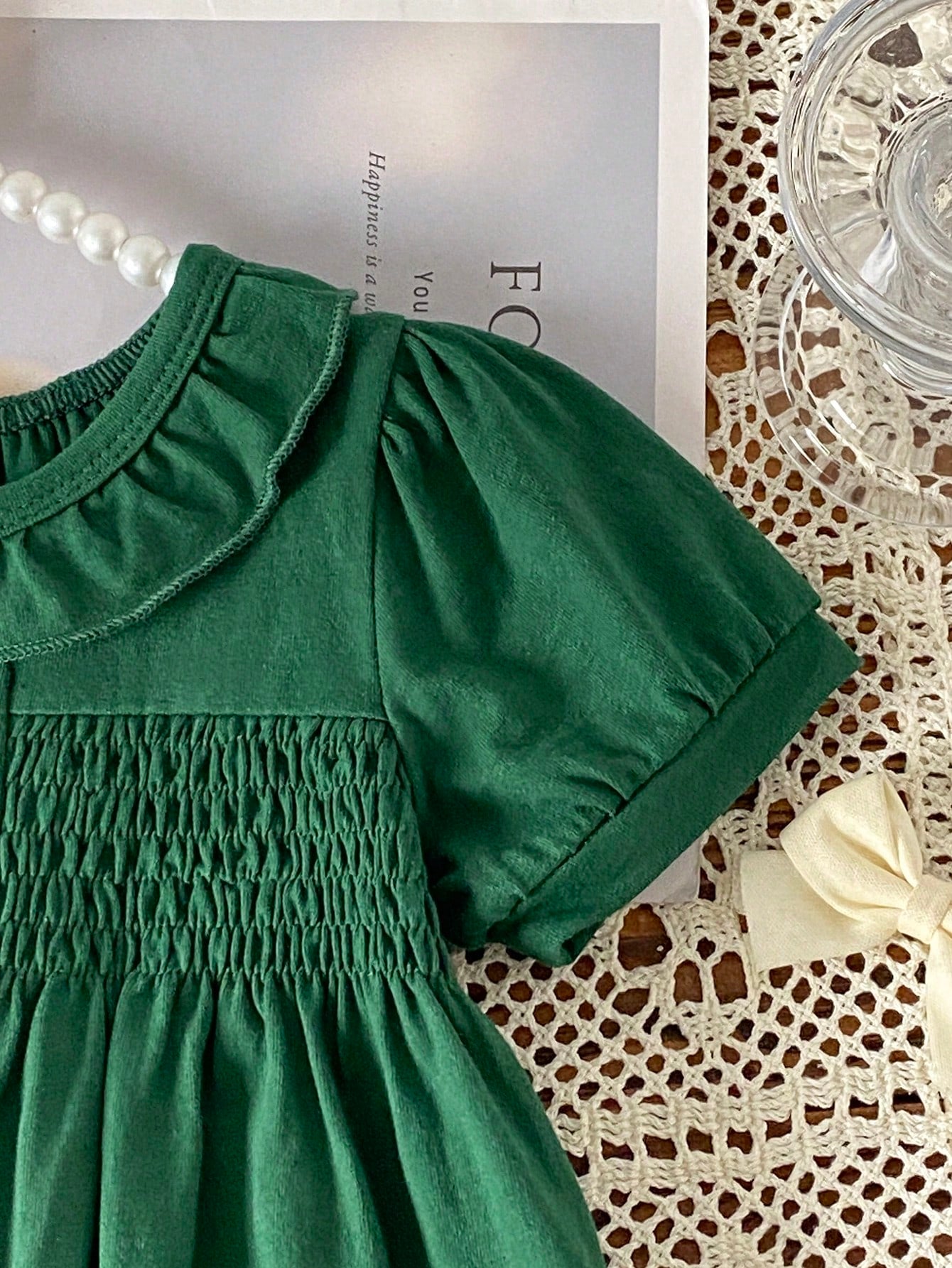 Girls' Dark Green Peter Pan Collar Dress, Pink Bow Embroidery, Summer Baby Princess Dress