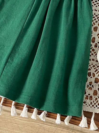 Girls' Dark Green Peter Pan Collar Dress, Pink Bow Embroidery, Summer Baby Princess Dress