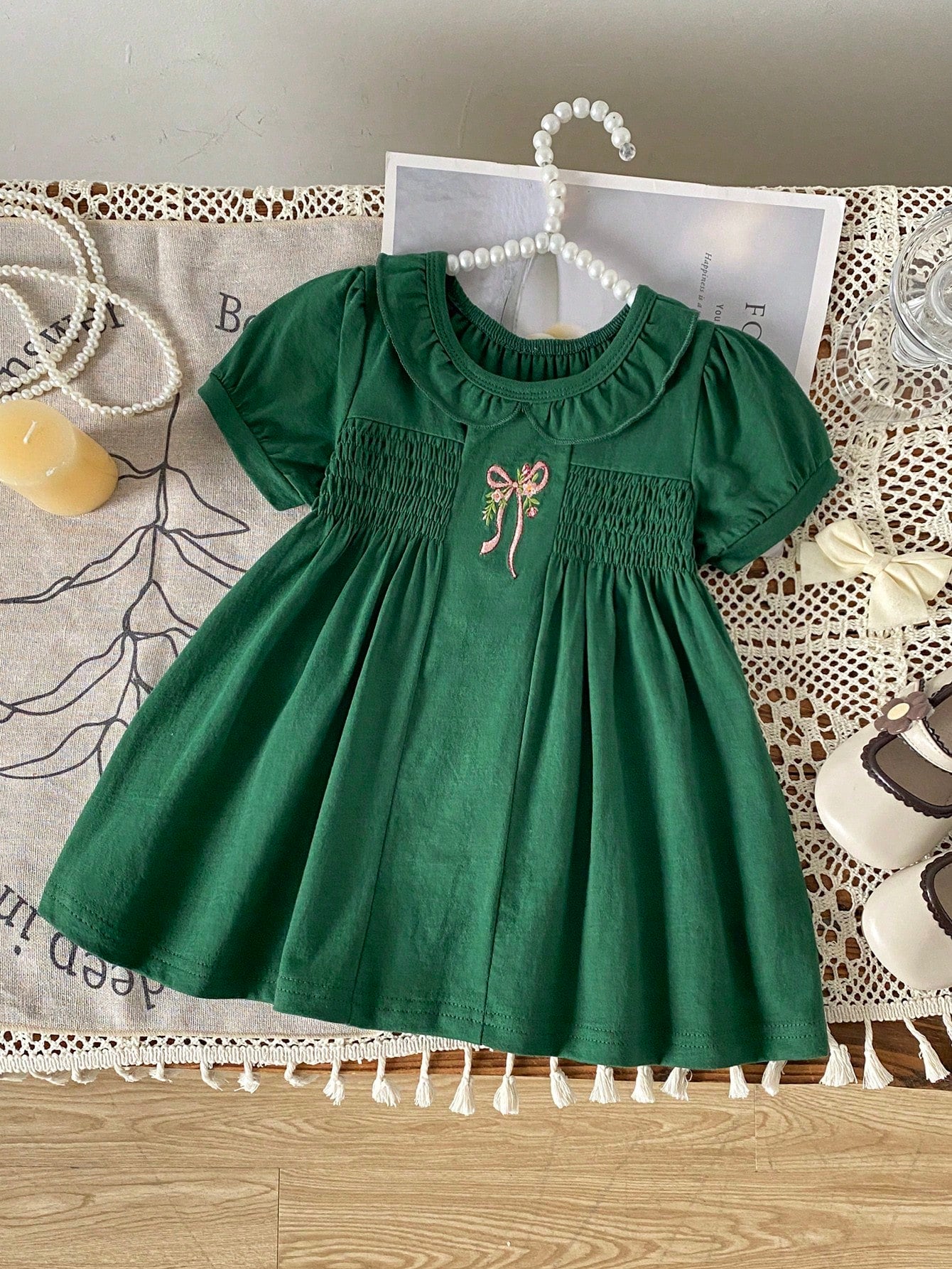 Girls' Dark Green Peter Pan Collar Dress, Pink Bow Embroidery, Summer Baby Princess Dress