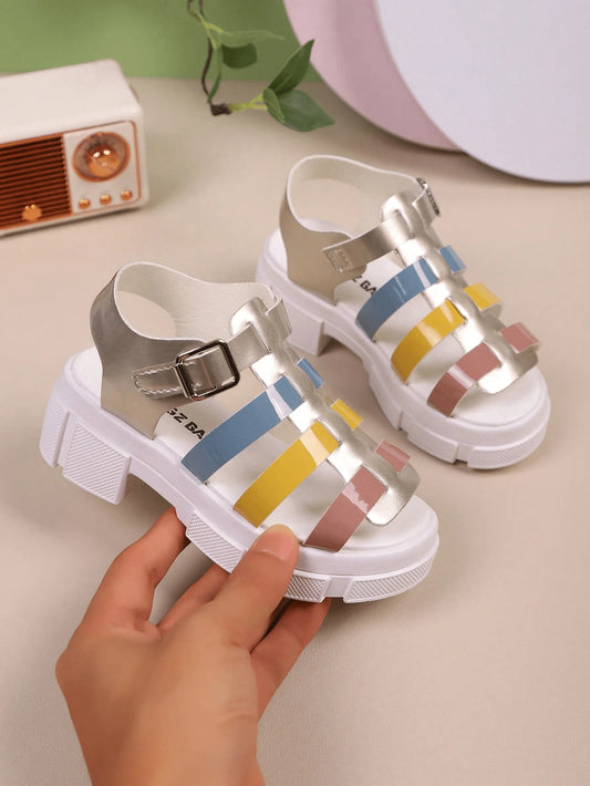 Girls' Multicolor Gladiator Platform Sandals, Kids' Chunky Sole Open-Toe Shoes With Adjustable Buckle, Glossy Colorful Footwear