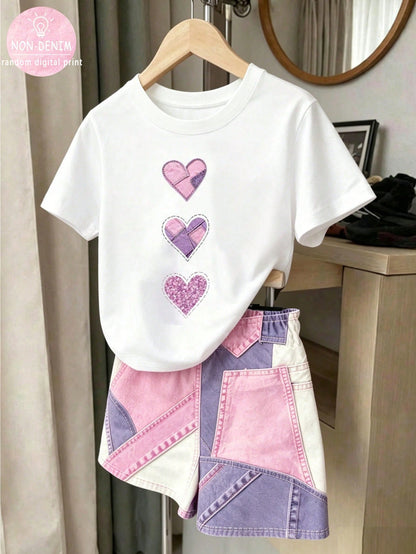 Girls' Summer Sweet Vintage Faux Denim Heart Frayed Patchwork Digital Print Short Sleeve 2-Piece Set, Baby Soft Round Neck White T-Shirt Paired With Pink Purple White Colorblock Contrast Stitchi