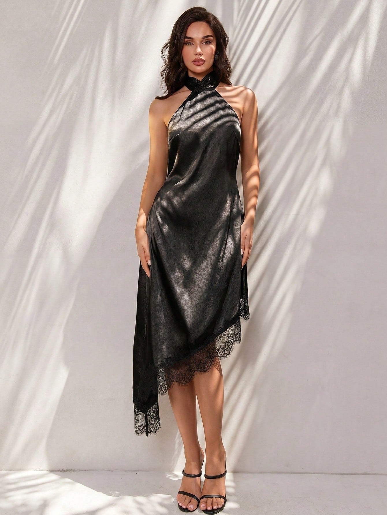 Glamine Elegant Black Summer Halter Neck Dress, Satin Open Back With Big Bow, Asymmetric Lace Hem, Party Night Cocktail Dress, Wedding Guest Beach Evening Gown