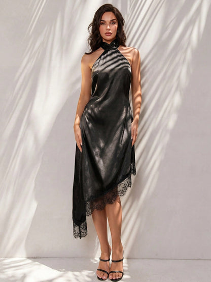Glamine Elegant Black Summer Halter Neck Dress, Satin Open Back With Big Bow, Asymmetric Lace Hem, Party Night Cocktail Dress, Wedding Guest Beach Evening Gown