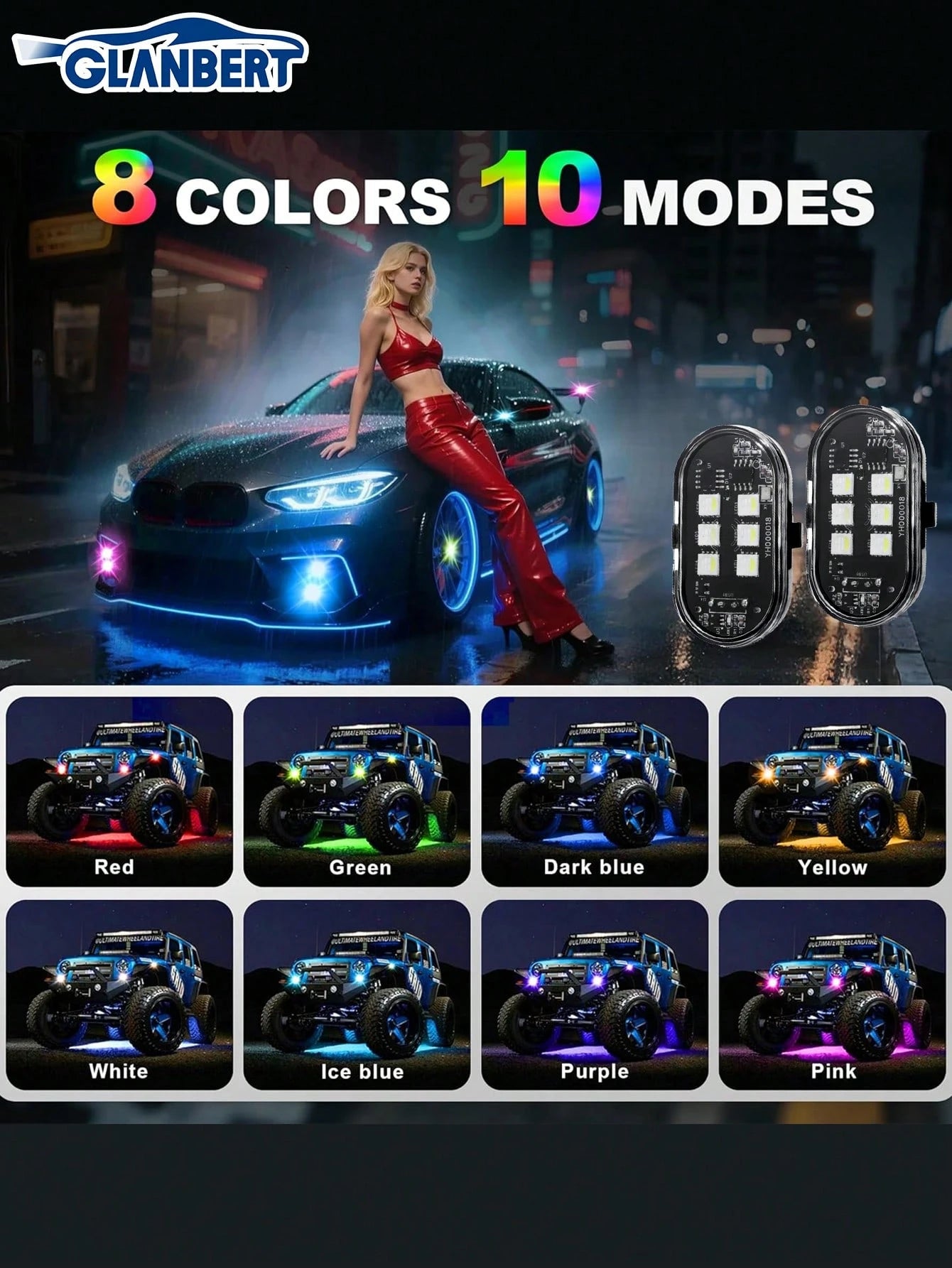 GLANBERT Upgraded 6LEDs 6/4/2PCS Wireless LED Strobe Lights,Car Decorative Lights,With Remote Control,Mini Lights 8 Colors USB Charing Anti-Collision Led Emergency Warning Lights For Car Motorcycle Dr