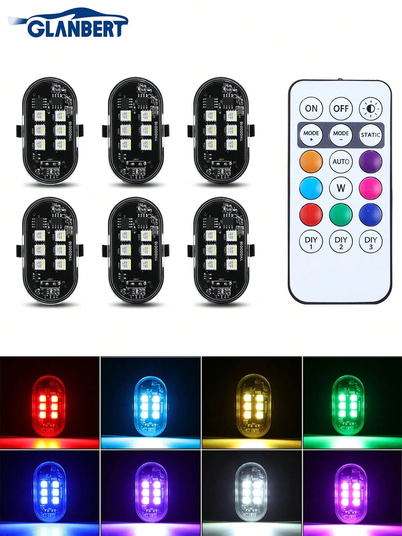 GLANBERT Upgraded 6LEDs 6/4/2PCS Wireless LED Strobe Lights,Car Decorative Lights,With Remote Control,Mini Lights 8 Colors USB Charing Anti-Collision Led Emergency Warning Lights For Car Motorcycle Dr