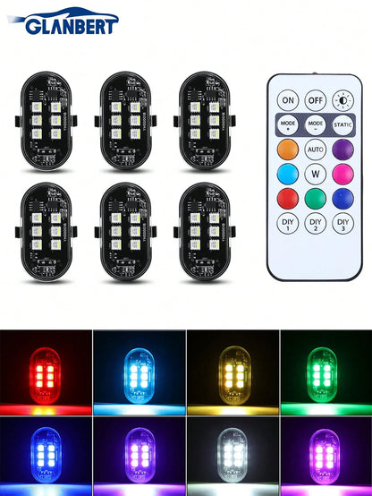 GLANBERT Upgraded 6LEDs 6/4/2PCS Wireless LED Strobe Lights,Car Decorative Lights,With Remote Control,Mini Lights 8 Colors USB Charing Anti-Collision Led Emergency Warning Lights For Car Motorcycle Dr