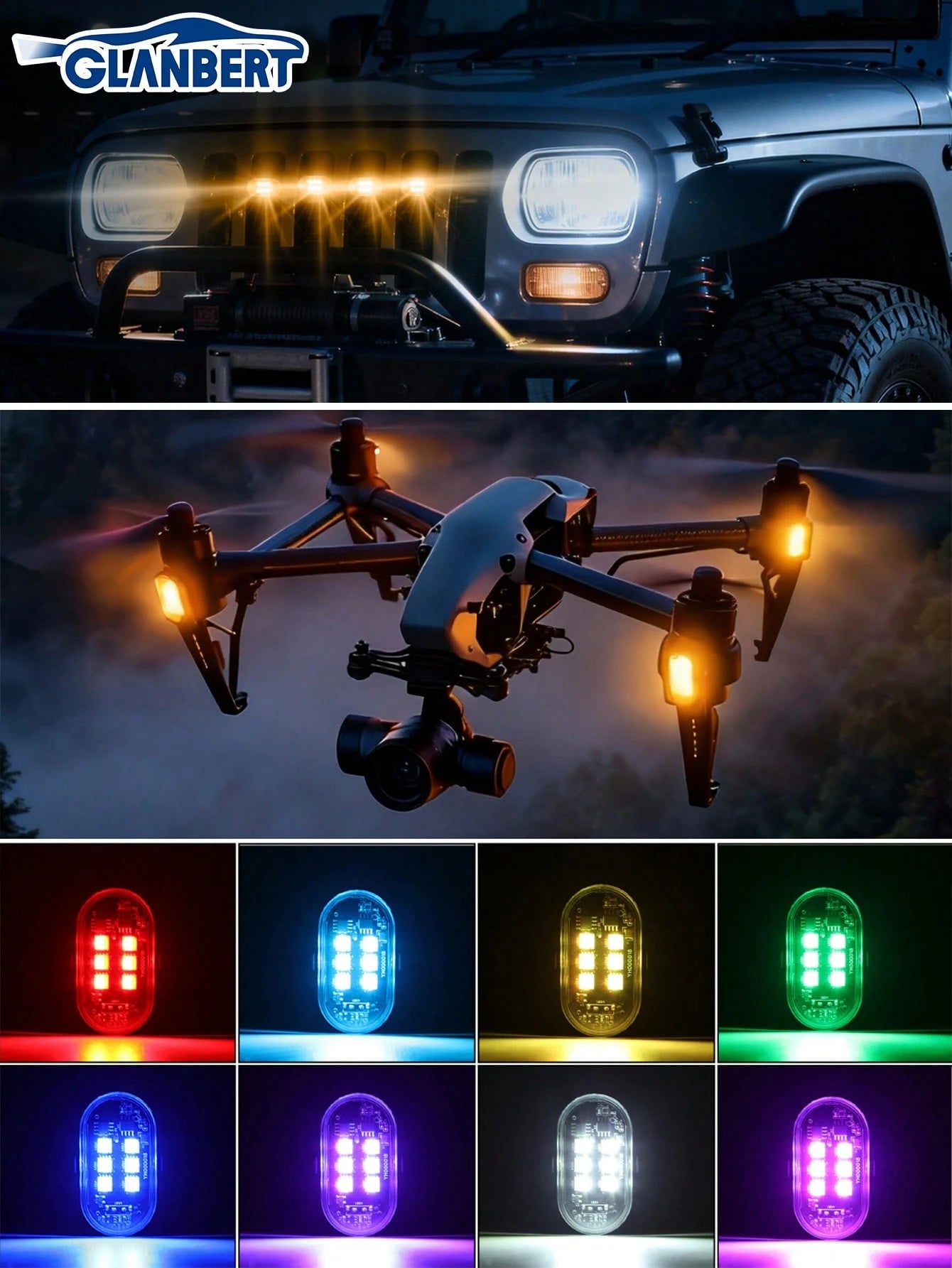 GLANBERT Upgraded 6LEDs 6/4/2PCS Wireless LED Strobe Lights,Car Decorative Lights,With Remote Control,Mini Lights 8 Colors USB Charing Anti-Collision Led Emergency Warning Lights For Car Motorcycle Dr