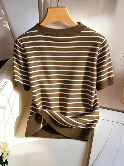 GlowEve CURVE Plus Size Women's Summer T-Shirt, Casual Beach Business Office Vacation Striped V-Neck Short Sleeve Top
