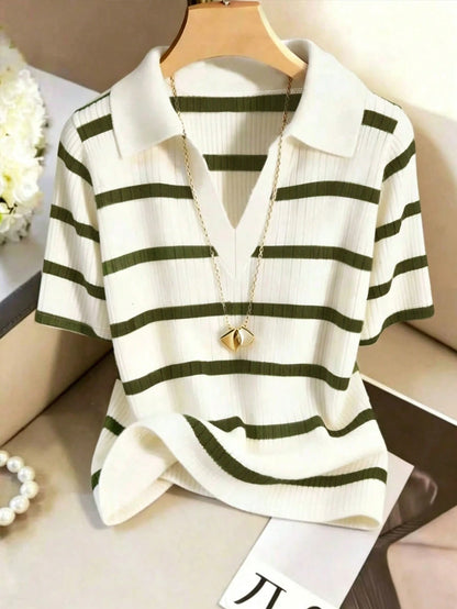 GlowEve CURVE Women's Summer Fashion Casual Elegant Classic Striped Plus Size T-Shirt