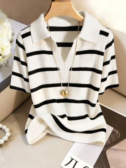 GlowEve CURVE Women's Summer Fashion Casual Elegant Classic Striped Plus Size T-Shirt