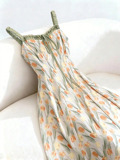 GlowEve Tulip Print Dress, Artistic Floral Sleeveless Summer Vacation Dress