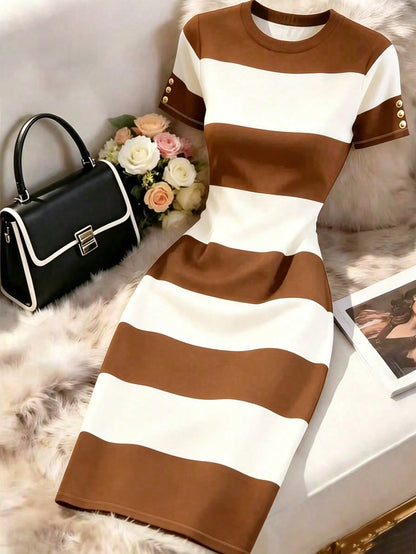 GlowEve Women's Color Block Round Neck Short Sleeve Casual Midi Dress