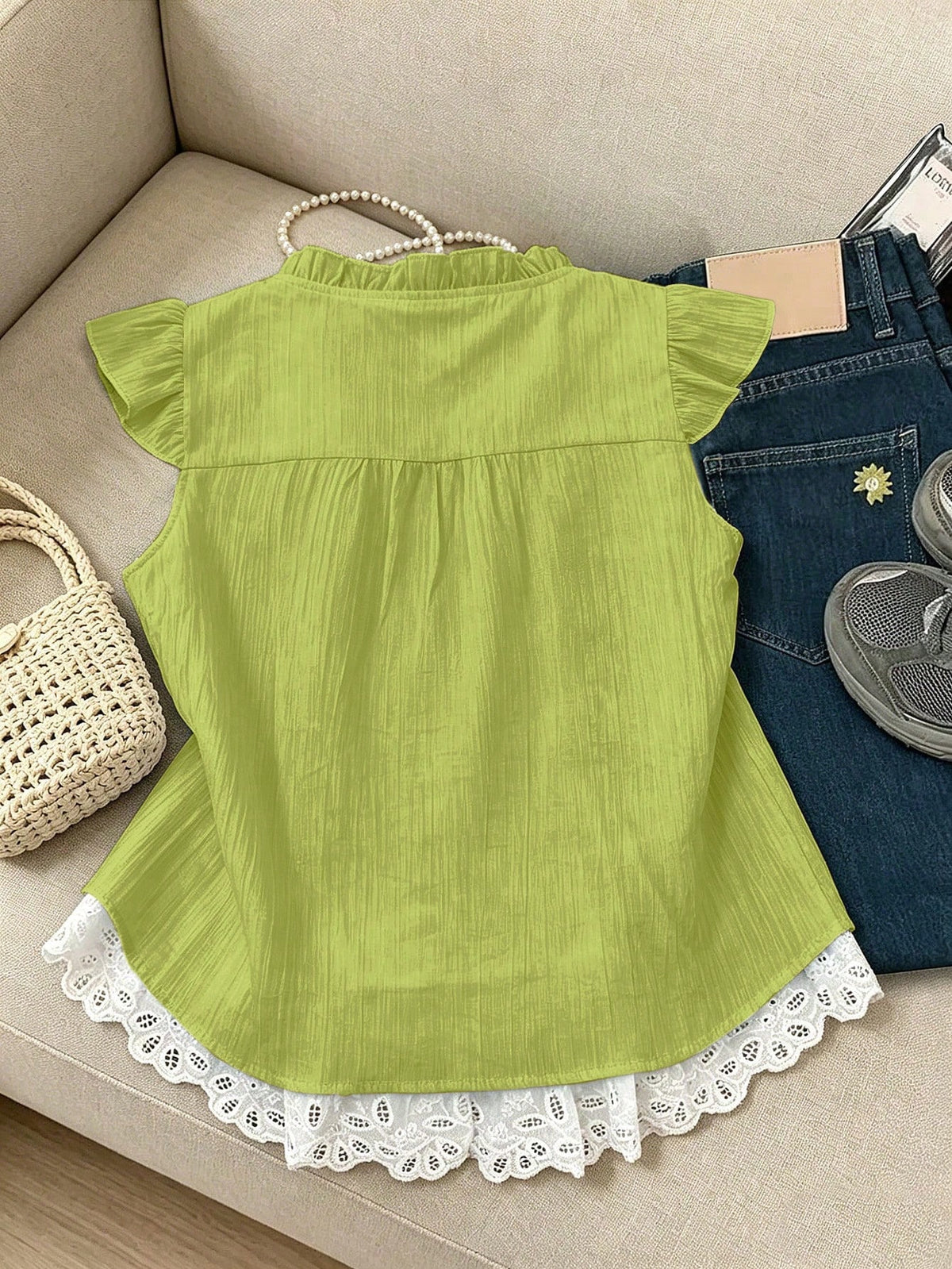 GlowEve Women's Elegant Fashion Commuter Casual Comfortable Charming Vintage Minimalist High-End Romantic Holiday Vacation Sleeveless A-Line Patchwork Lace Ruffle Flutter Sleeve 2 In 1 Tie Design Soli