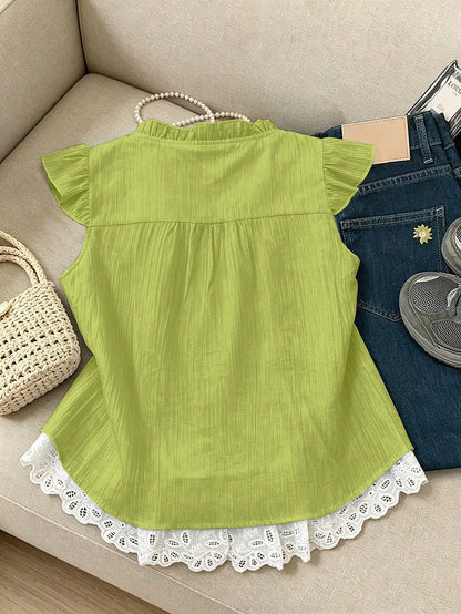 GlowEve Women's Elegant Fashion Commuter Casual Comfortable Charming Vintage Minimalist High-End Romantic Holiday Vacation Sleeveless A-Line Patchwork Lace Ruffle Flutter Sleeve 2 In 1 Tie Design Soli