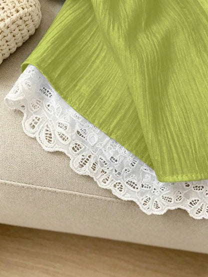 GlowEve Women's Elegant Fashion Commuter Casual Comfortable Charming Vintage Minimalist High-End Romantic Holiday Vacation Sleeveless A-Line Patchwork Lace Ruffle Flutter Sleeve 2 In 1 Tie Design Soli