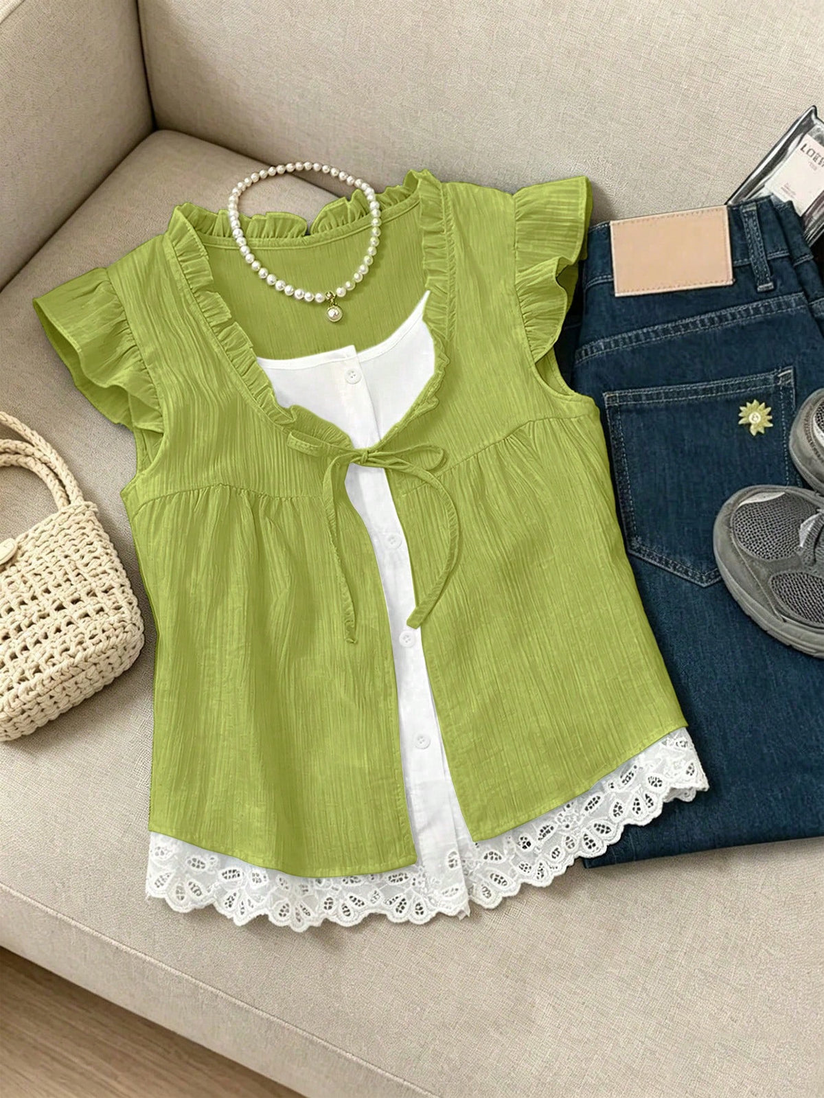 GlowEve Women's Elegant Fashion Commuter Casual Comfortable Charming Vintage Minimalist High-End Romantic Holiday Vacation Sleeveless A-Line Patchwork Lace Ruffle Flutter Sleeve 2 In 1 Tie Design Soli