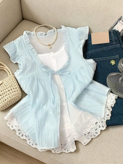 GlowEve Women's Elegant Fashion Commuter Casual Comfortable Charming Vintage Minimalist High-End Romantic Holiday Vacation Sleeveless A-Line Patchwork Lace Ruffle Flutter Sleeve 2 In 1 Tie Design Soli