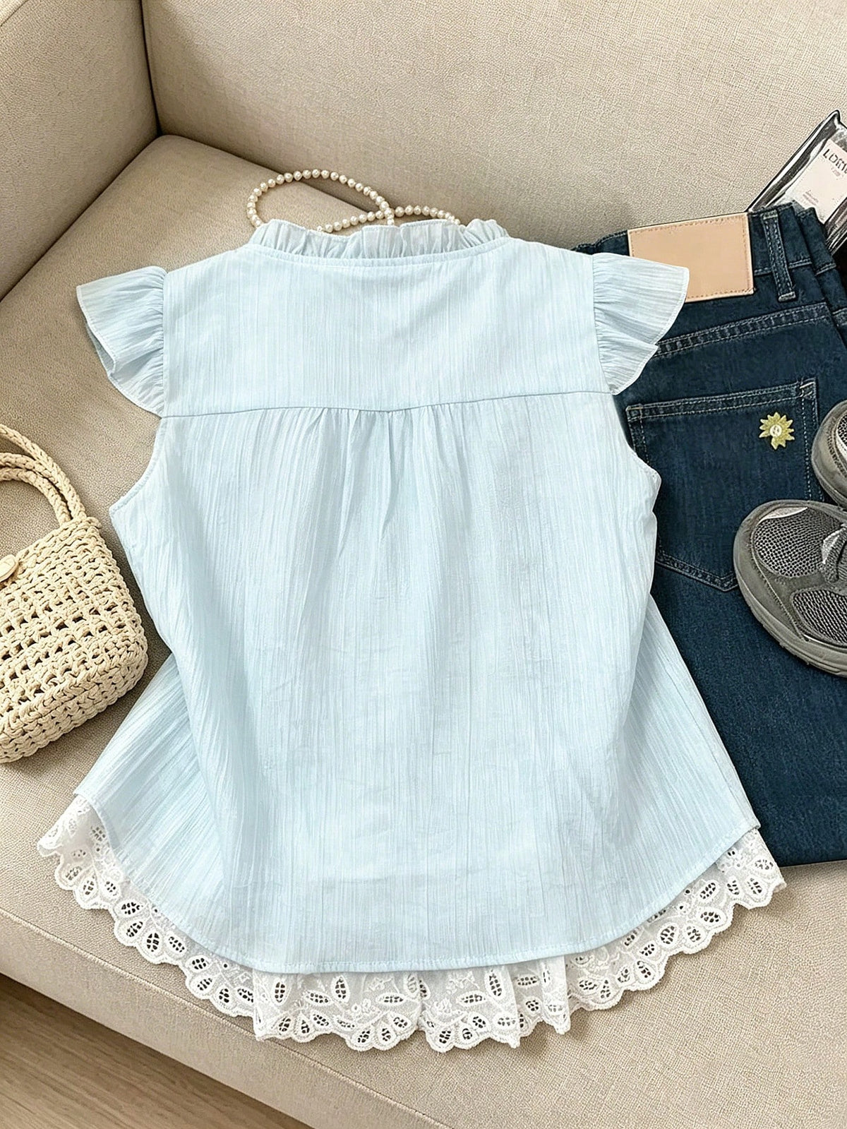 GlowEve Women's Elegant Fashion Commuter Casual Comfortable Charming Vintage Minimalist High-End Romantic Holiday Vacation Sleeveless A-Line Patchwork Lace Ruffle Flutter Sleeve 2 In 1 Tie Design Soli