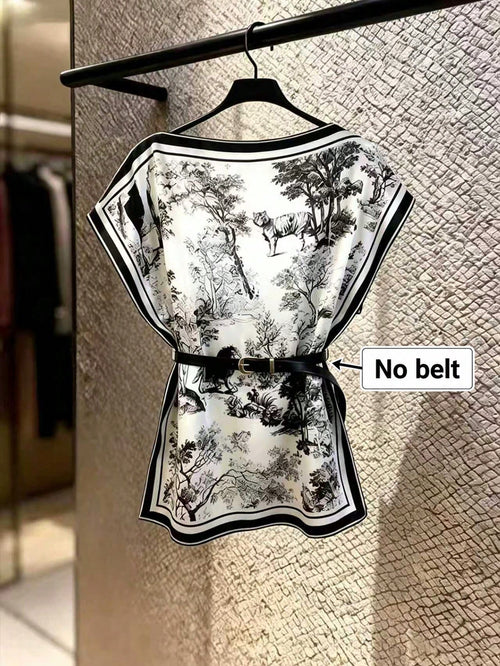GlowEve Women's Elegant Ink Painting Black And White Two Pieces Set,Batwing Sleeve Loose Blouse Plus Summer Lounge Set,Office Printed Tops Everyday Wear