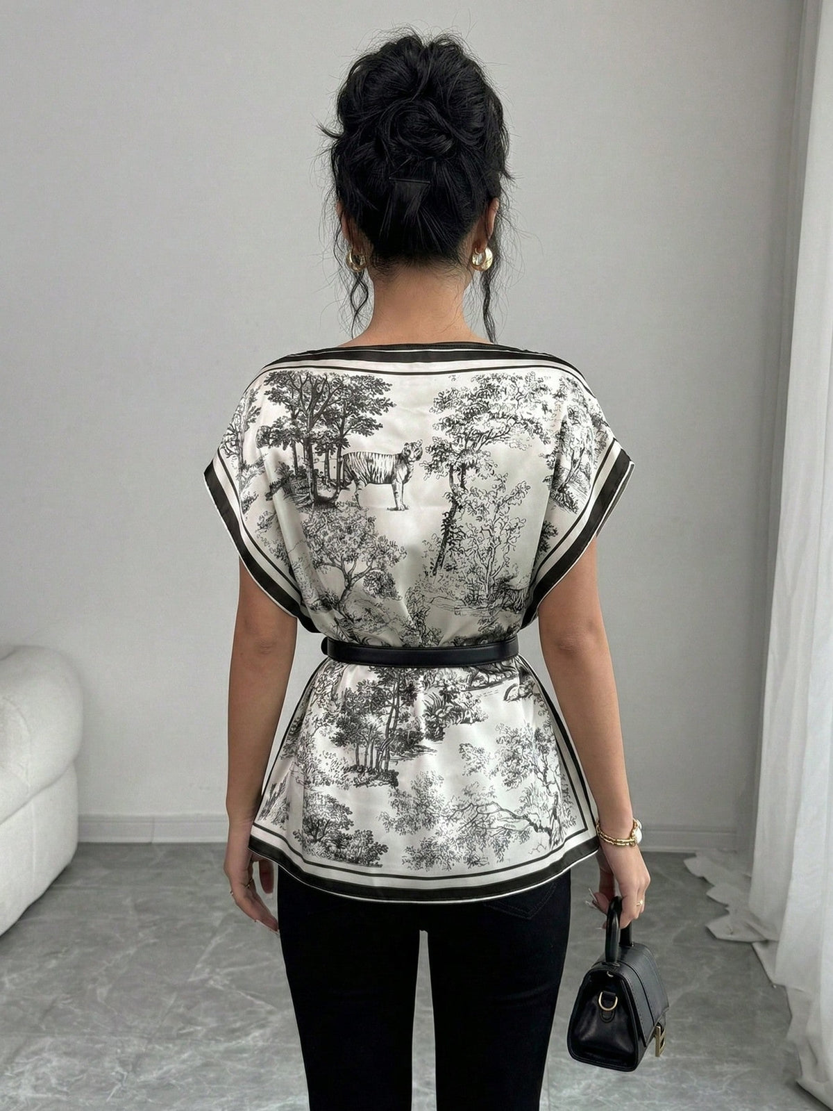 GlowEve Women's Elegant Ink Painting Black And White Two Pieces Set,Batwing Sleeve Loose Blouse Plus Summer Lounge Set,Office Printed Tops Everyday Wear