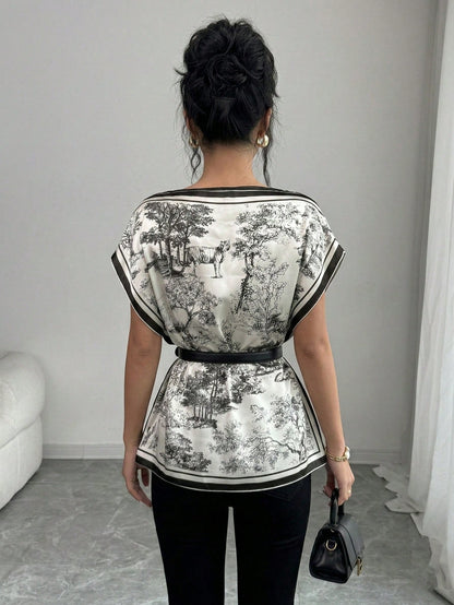 GlowEve Women's Elegant Ink Painting Black And White Two Pieces Set,Batwing Sleeve Loose Blouse Plus Summer Lounge Set,Office Printed Tops Everyday Wear