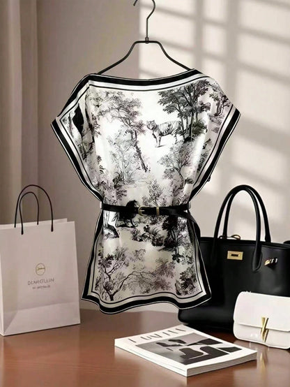 GlowEve Women's Elegant Ink Painting Black And White Two Pieces Set,Batwing Sleeve Loose Blouse Plus Summer Lounge Set,Office Printed Tops Everyday Wear