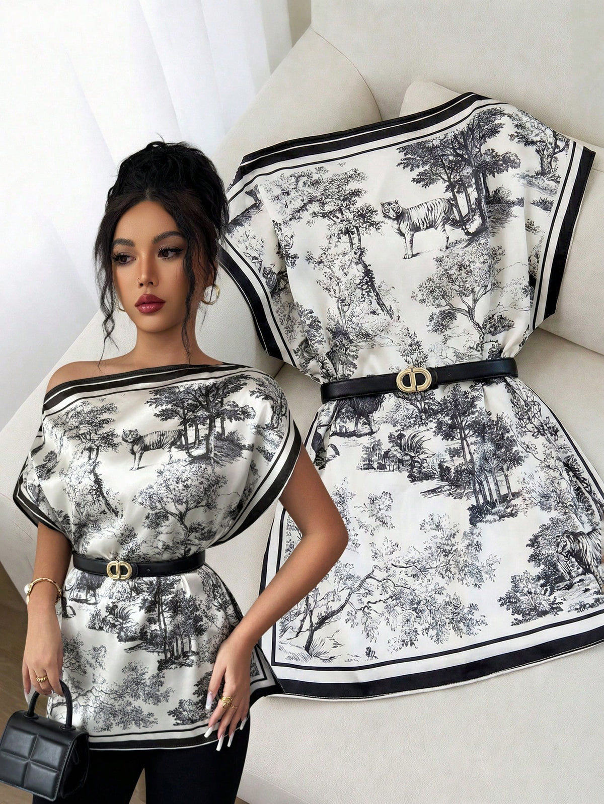 GlowEve Women's Elegant Ink Painting Black And White Two Pieces Set,Batwing Sleeve Loose Blouse Plus Summer Lounge Set,Office Printed Tops Everyday Wear