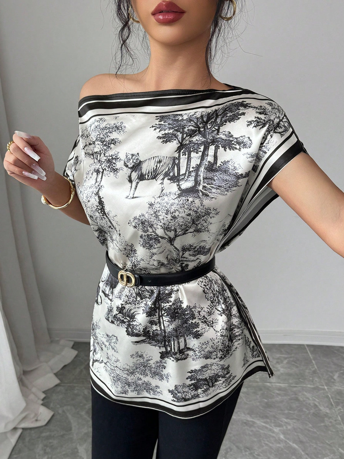 GlowEve Women's Elegant Ink Painting Black And White Two Pieces Set,Batwing Sleeve Loose Blouse Plus Summer Lounge Set,Office Printed Tops Everyday Wear