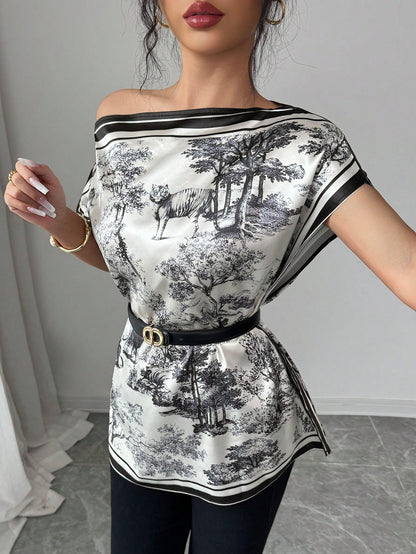 GlowEve Women's Elegant Ink Painting Black And White Two Pieces Set,Batwing Sleeve Loose Blouse Plus Summer Lounge Set,Office Printed Tops Everyday Wear