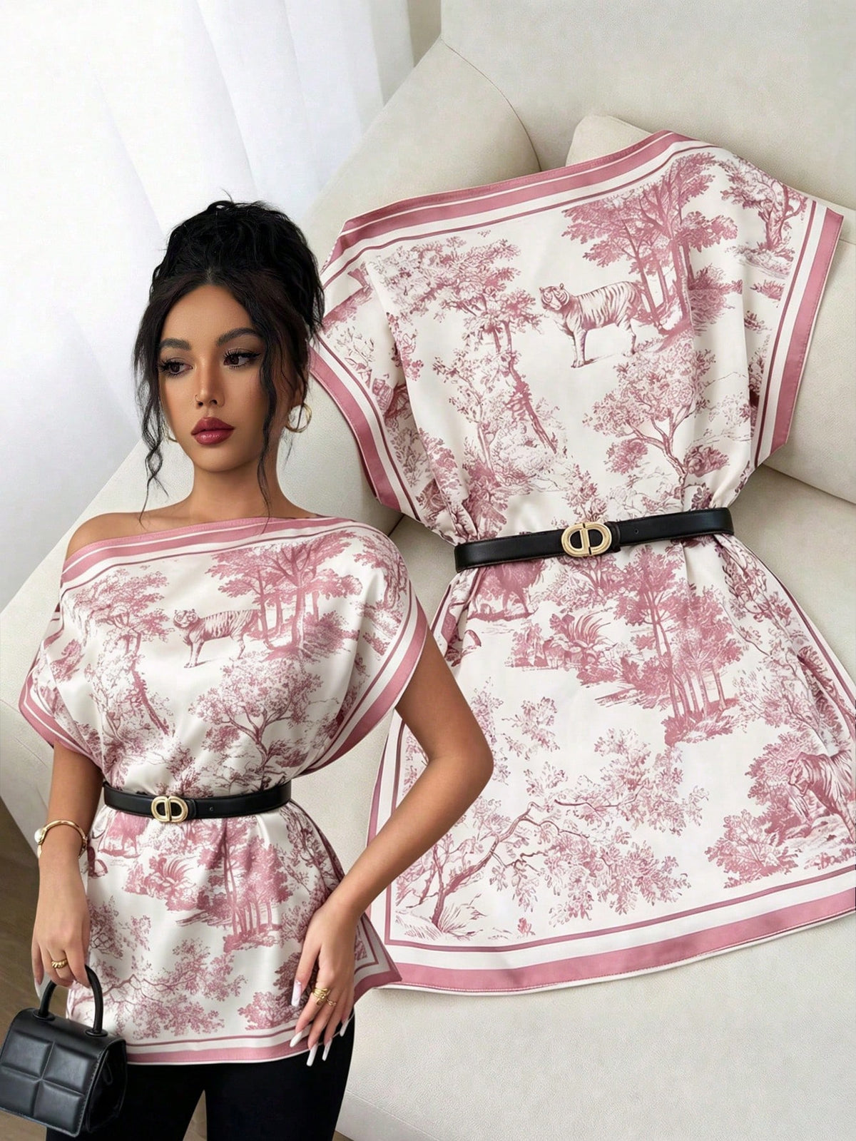 GlowEve Women's Elegant Ink Painting Black And White Two Pieces Set,Batwing Sleeve Loose Blouse Plus Summer Lounge Set,Office Printed Tops Everyday Wear