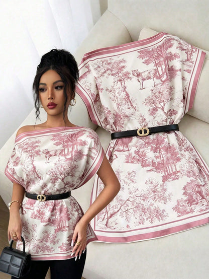 GlowEve Women's Elegant Ink Painting Black And White Two Pieces Set,Batwing Sleeve Loose Blouse Plus Summer Lounge Set,Office Printed Tops Everyday Wear