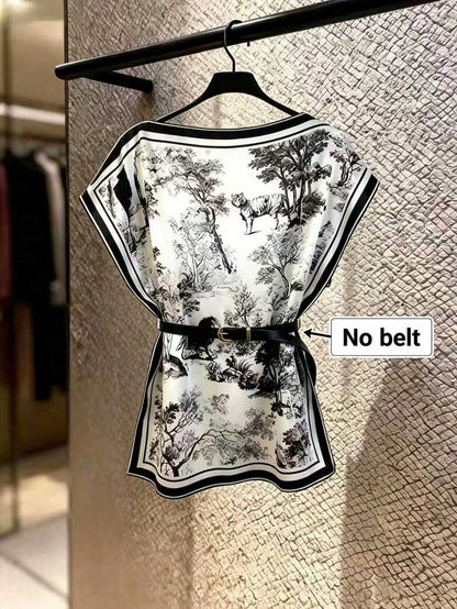 GlowEve Women's Elegant Ink Painting Black And White Two Pieces Set,Batwing Sleeve Loose Blouse Plus Summer Lounge Set,Office Printed Tops Everyday Wear