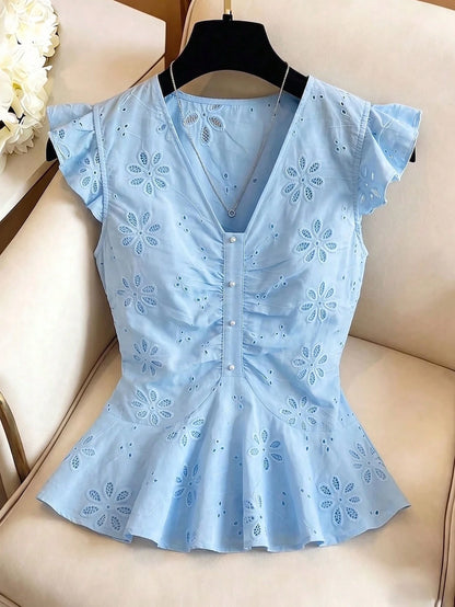 GlowEve Women's Embroidered Hollow-Out Vacation Shirt